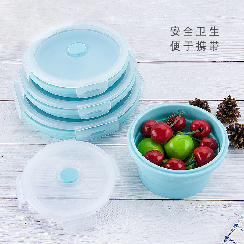 便携折叠餐盒 圆形硅胶饭盒 微波炉便当盒 塑料冰箱午餐盒|ru