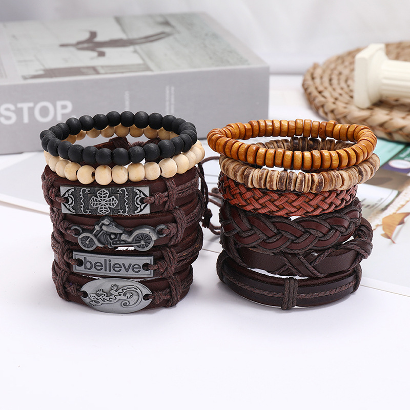 new retro woven leather wooden bead bracelet set