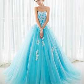 彩色拖尾婚纱礼服抹胸贴花缝珠蓬蓬舞裙宴会主持影楼演出晚礼服