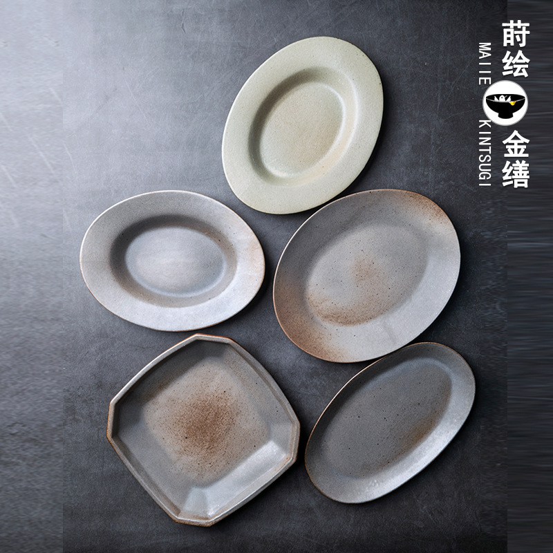 Vintage ceramic Western plate plate stoneware Japanese tableware Oval steak plate plate plate square plate ceramic fish plate