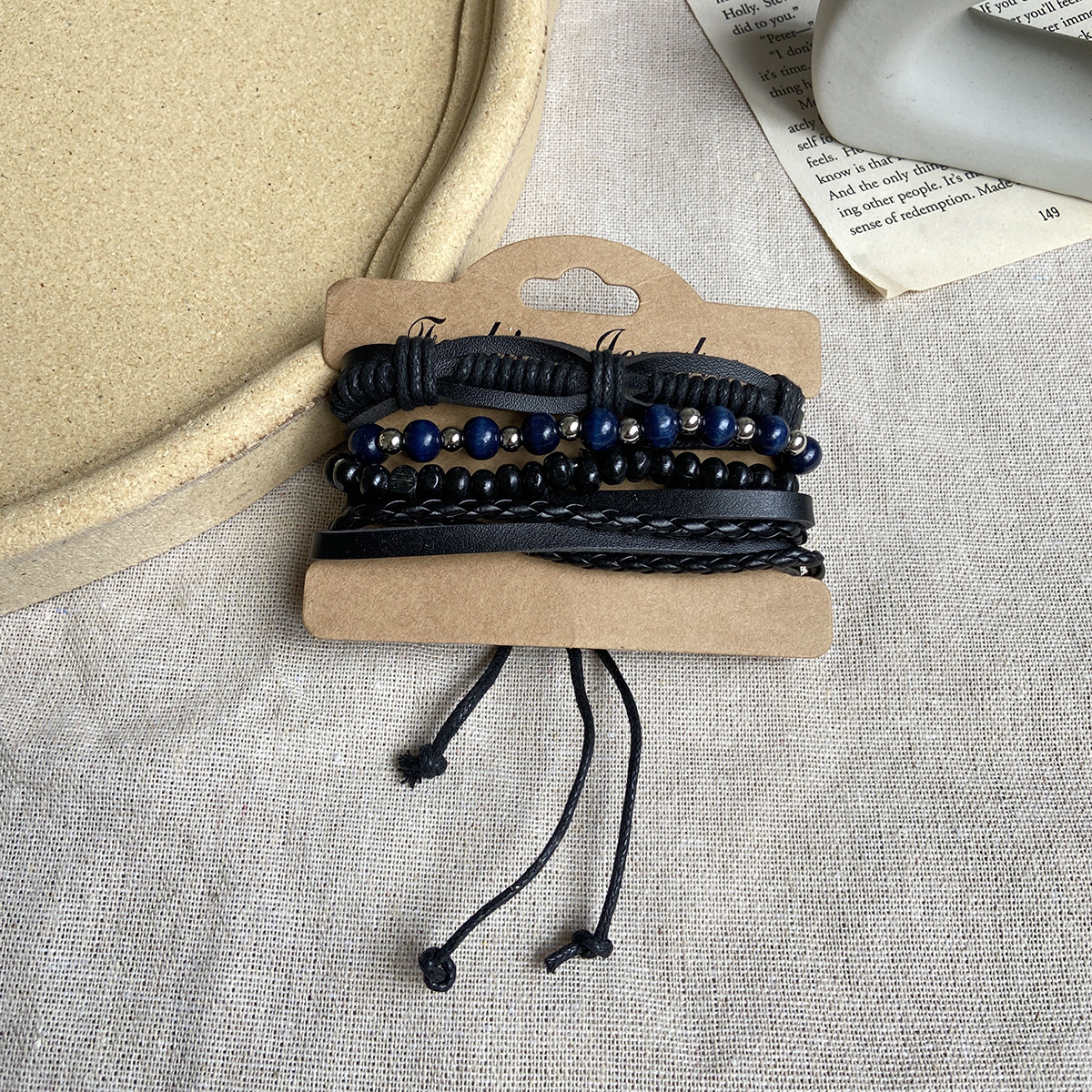 Blue Silver Beaded Black Men's Leather Bracelet 4 Pack Creative Retro Bracelet Wholesale Nihaojewelry display picture 2