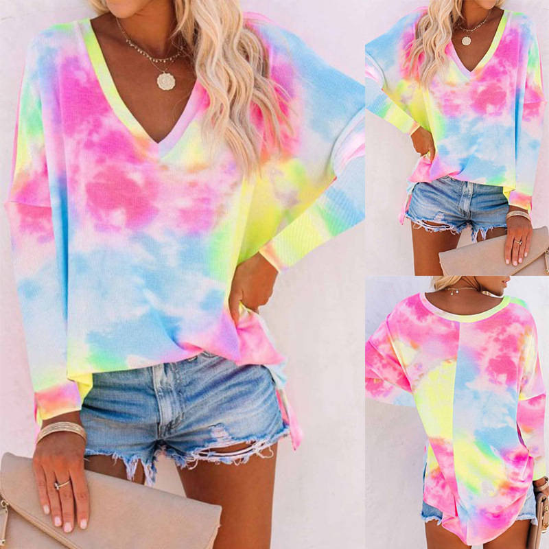 tie-dye printing V-neck long-sleeved loose sweatershirt  NSZH18610