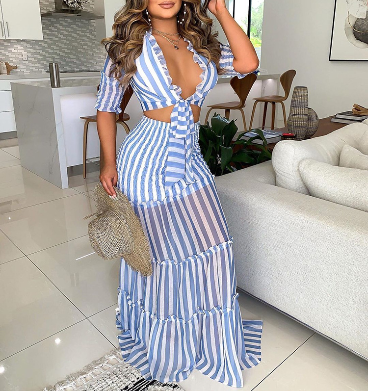 Striped see-through Slim short sleeve knotted top and pleated skirt set Two-piece set NSYHC136147