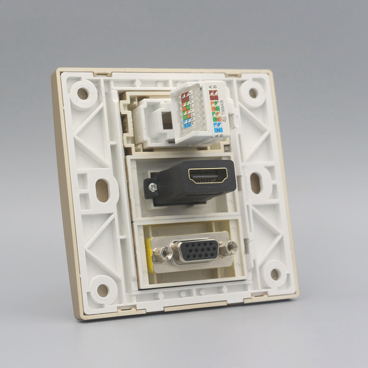 香槟金86型VGA高清HDMI网络插座面板 金色4K多媒体电脑口网线插座