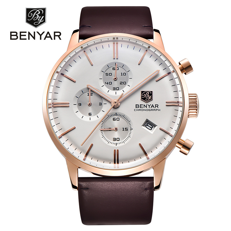 Nuevo reloj BENYAR hombres de moda multi-funcional impermeable calendario cuero acero Shell reloj 2720K
