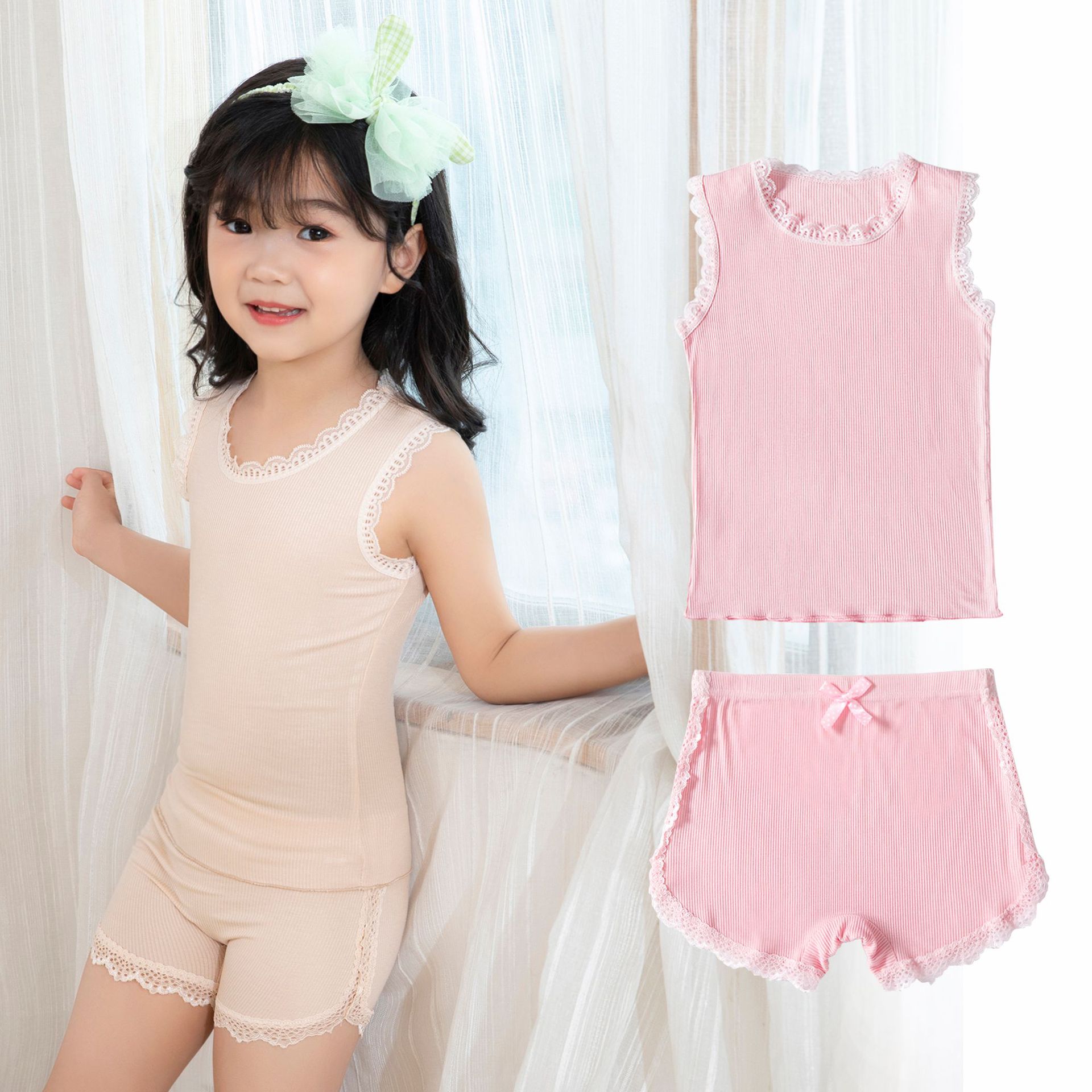 夏季女童寶寶背心蕾絲安全褲加檔裆套裝莫代爾螺紋彈力兩件套短褲
