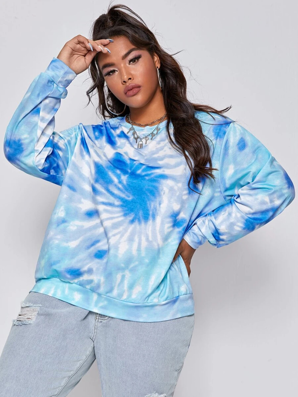 hot sale women s cross-border new casual round neck long-sleeved large size knitted tie-dye sweater  NSDF3276