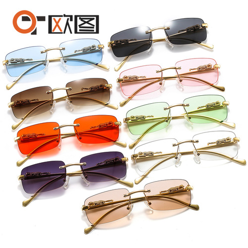 Cheetah Decorated Frameless Square Sunglasses Colored Men's and Women's Retro Leopard Head Metal Sunglasses Cross-Border Wholesale 2572