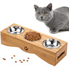 Pet cat bowl shelf pet bowl puppy and cat feed bowl of bamboo pets three bowls feeder