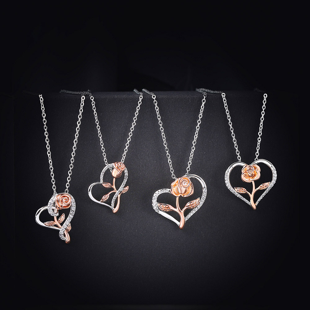 Fashion Heart Shape Rose Copper Plating Inlay Zircon Pendant Necklace 1 Piece