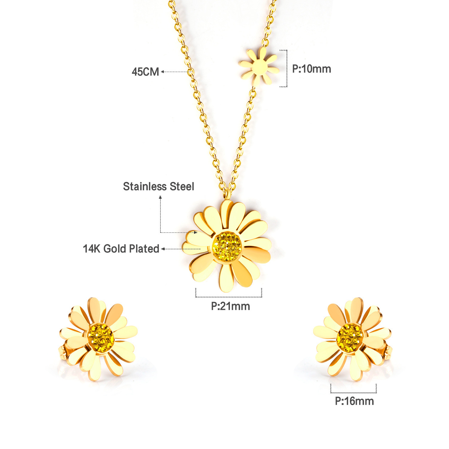 Simple Style Flower Stainless Steel Inlay Zircon Earrings Necklace 1 Set