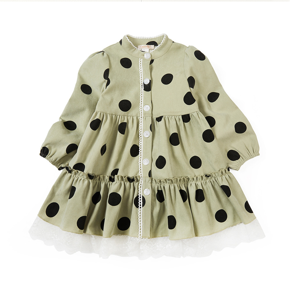 泡泡袖牛油果绿秋女童波点连衣裙童装女童秋装连衣裙新款儿童韩国