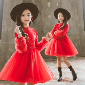 Girls Pink red qipao chinese dress retro cheongsam plush lining New year Tang suit for girl Chinese style dress model show performance skirt for kids