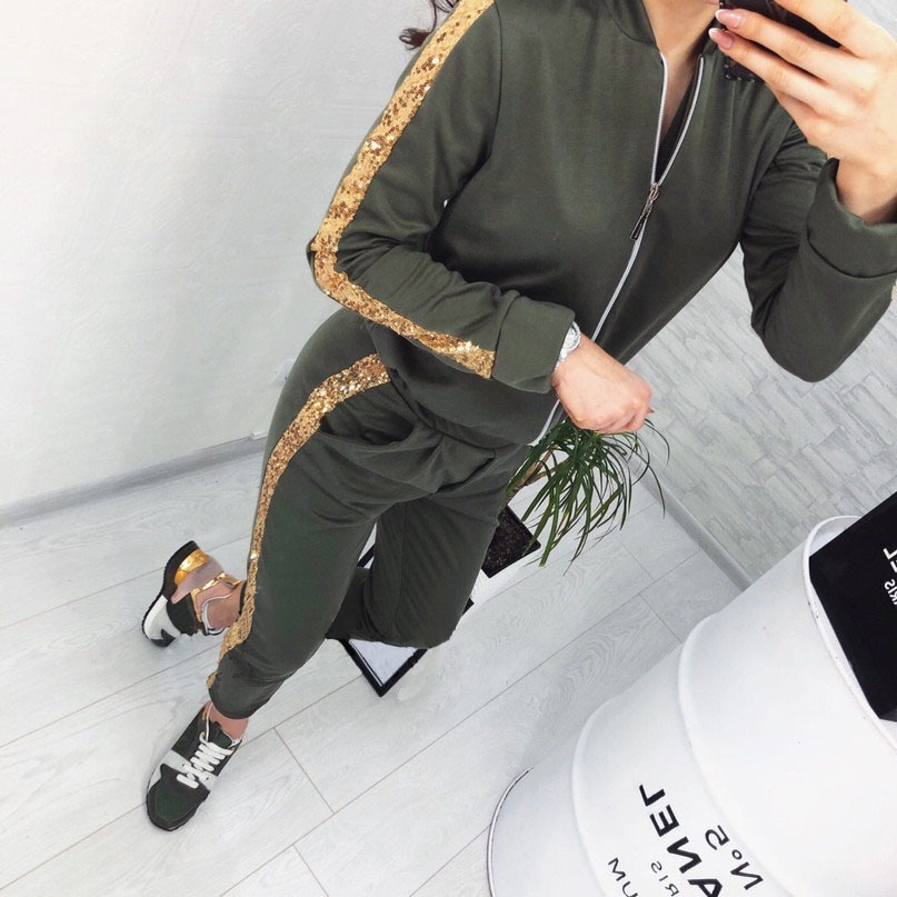 Casual Sequin Stitching Jacket Trousers Sports Suit NSYF1830