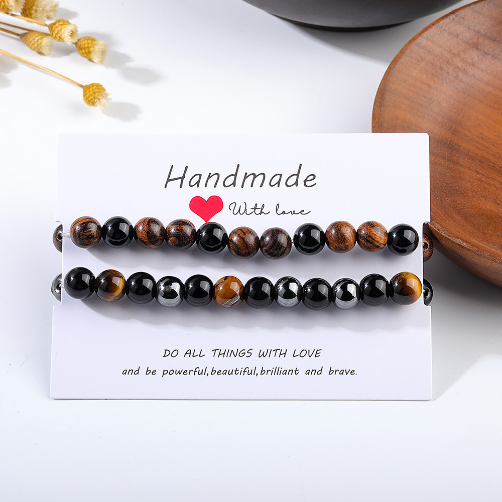 Streetwear Round Natural Stone/Tigereye/Haematite/Iron Ore/Black Glass/Ebony Beaded Men's Bracelets Surgical Gold Plated Jewelry Sets display picture 8