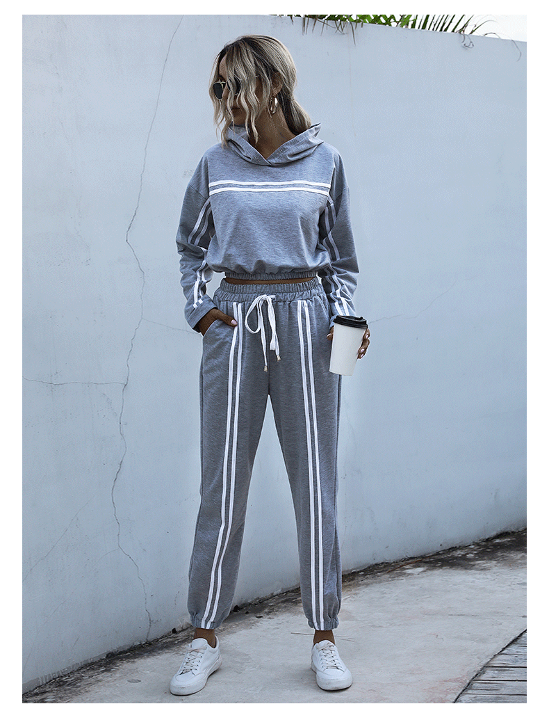 Ensemble à rayures à capuche pour femmes taille haute décontracté sport pull à capuche pantalon ensemble deux pièces_voghion.com