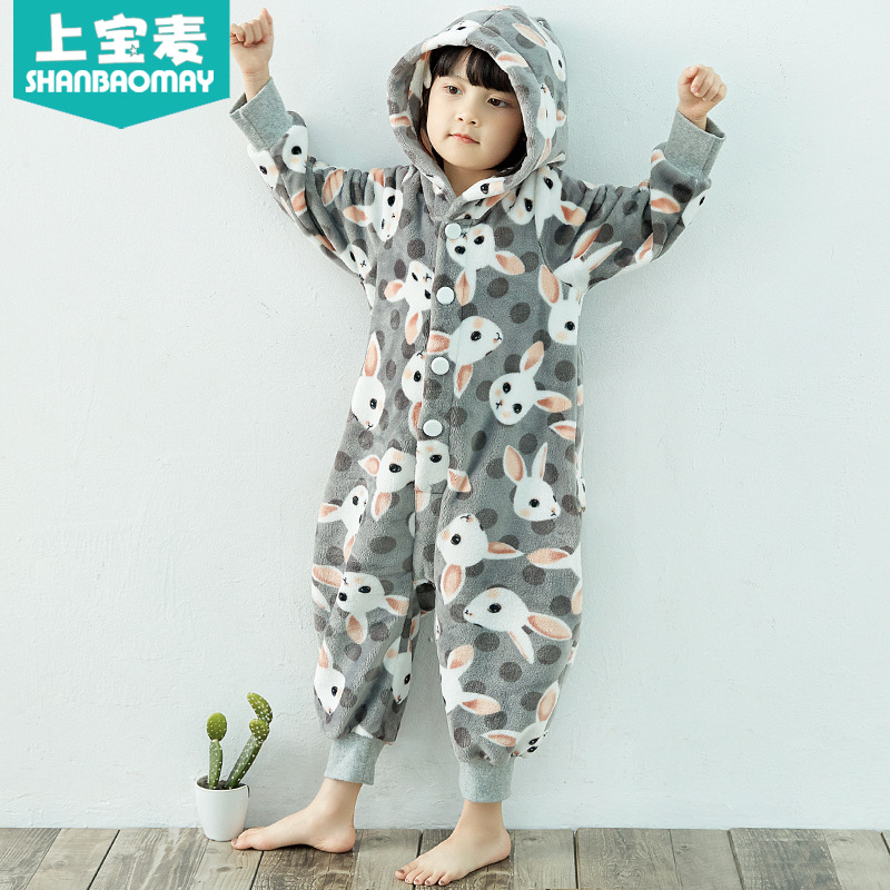 어퍼 바오 마이 가을과 겨울 어린이 슬리퍼 플란넬 따뜻한 어린이 파자마 산호 양털 소년 소녀 두꺼운 홈 옷