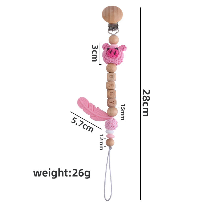 Nueva haya chupete clip bola de lana animal dibujos animados bebé nombre personalizado pluma silicona teether juguete molar