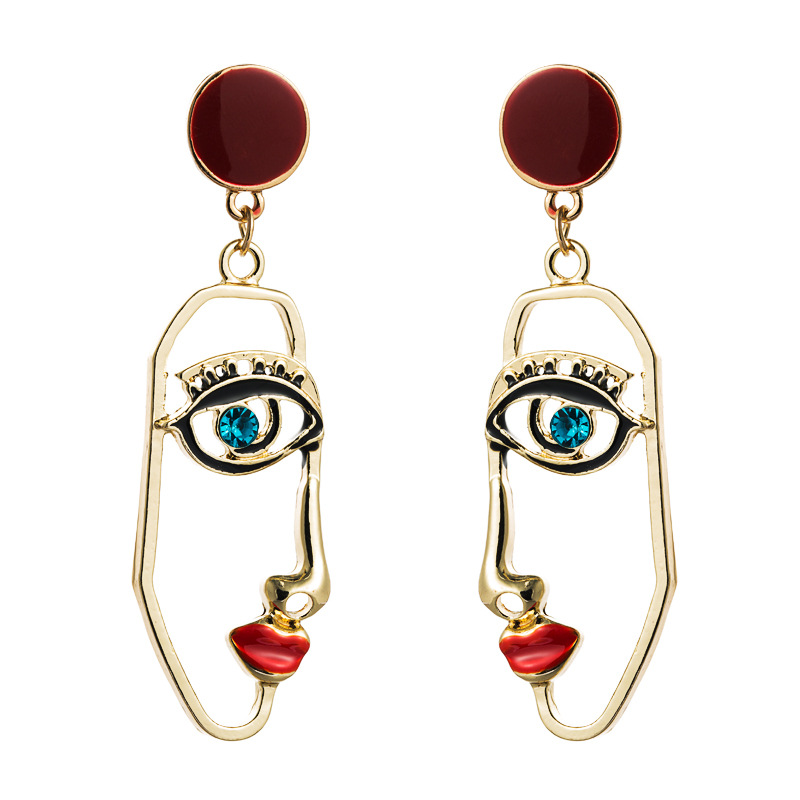 Exaggerated Personality Asymmetry Human Face Red Lips Alloy Diamond Drop Oil Earrings S925 Silver Needle Long Earrings Wholesale Nihaojewelry display picture 7