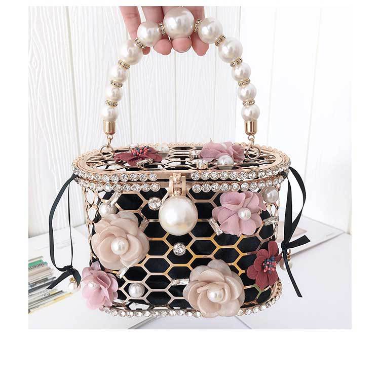 Black Apricot Velvet Cloth Metal Flower Pearls Hollow Bucket Evening Bags display picture 7