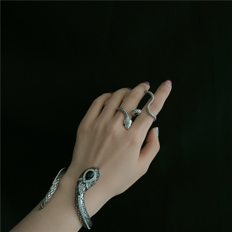 retro antique silver snake totem gemstone diamond exaggerated opening bracelet