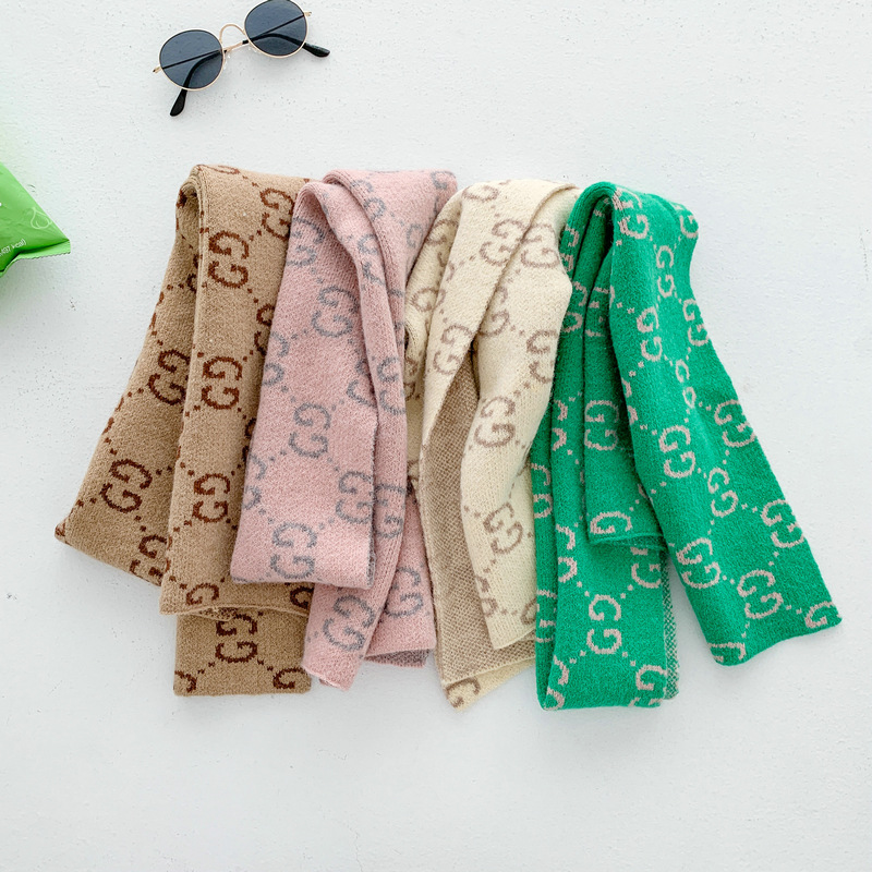 冬季新款G字母兒童仿羊絨圍巾 韓版時尚拼色男女童寶寶保暖圍脖