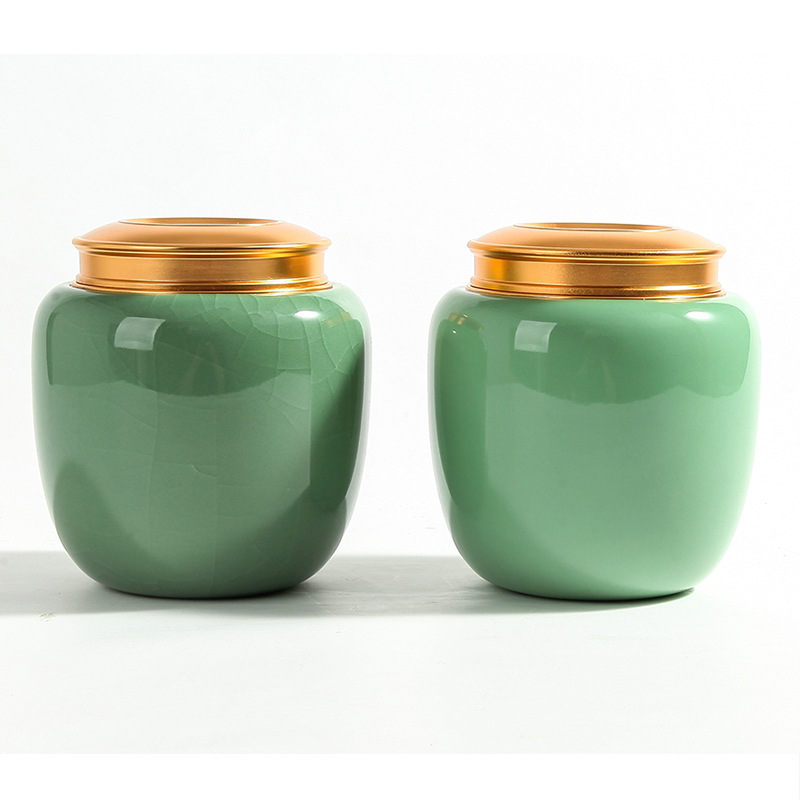 龍泉青瓷大號茶葉罐 1000ml金屬蓋密封罐大口徑茶倉普洱陶瓷密封