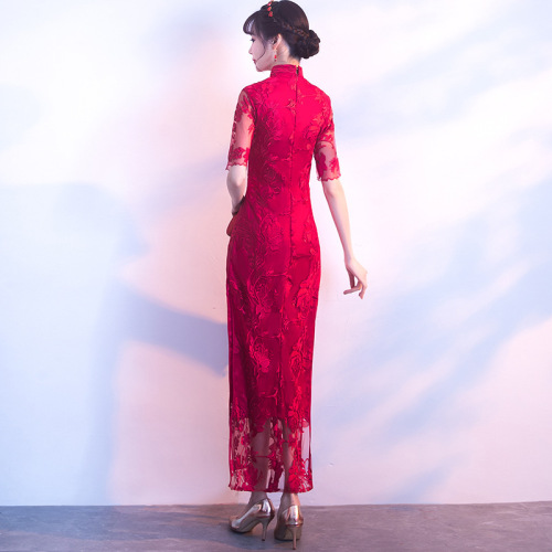 Toast bride cheongsam long Chinese wind restoring ancient Wine lace Chinese Dresses for women girls retro cheongsam dress qipao wedding dress