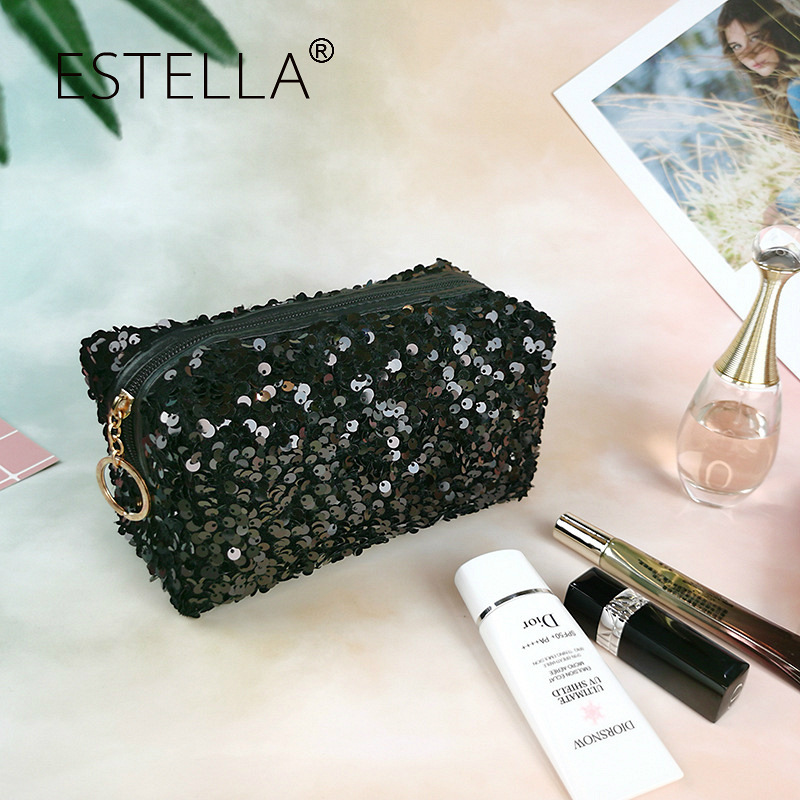 Bolsa de maquillaje de lentejuelas fabricada en fábrica para mujer, bolsa de almacenamiento de viaje INS, exquisita bolsa de aseo portátil de gran capacidad, estilo INS al por mayor