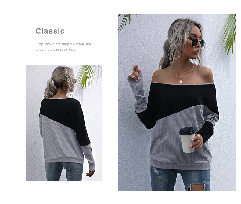 women s contrast color long-sleeved Off collar sweater nihaostyles wholesale clothing NSDMB79424