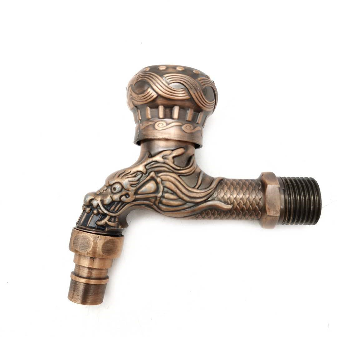 The overseas model features an antique bronze-patterned dragon spout, an alloy copper core, and a bronze-colored European-style faucet with a single cooling nozzle Specification drawing