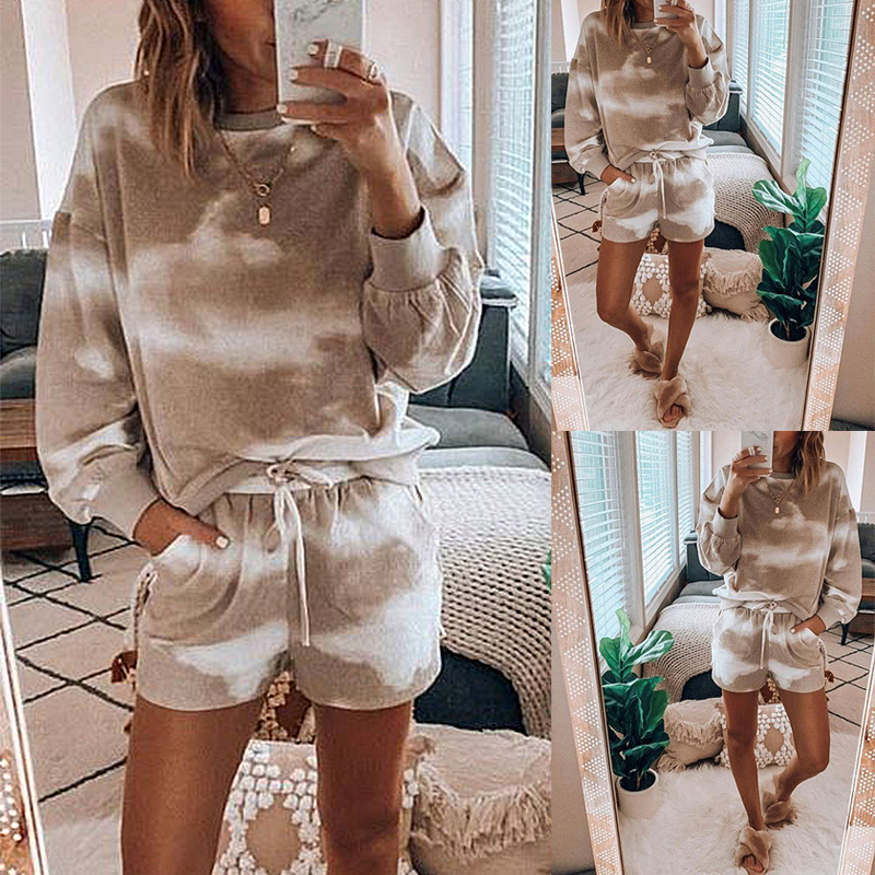 women s tie-dye printing casual long-sleeved shorts suit  NSKX7780