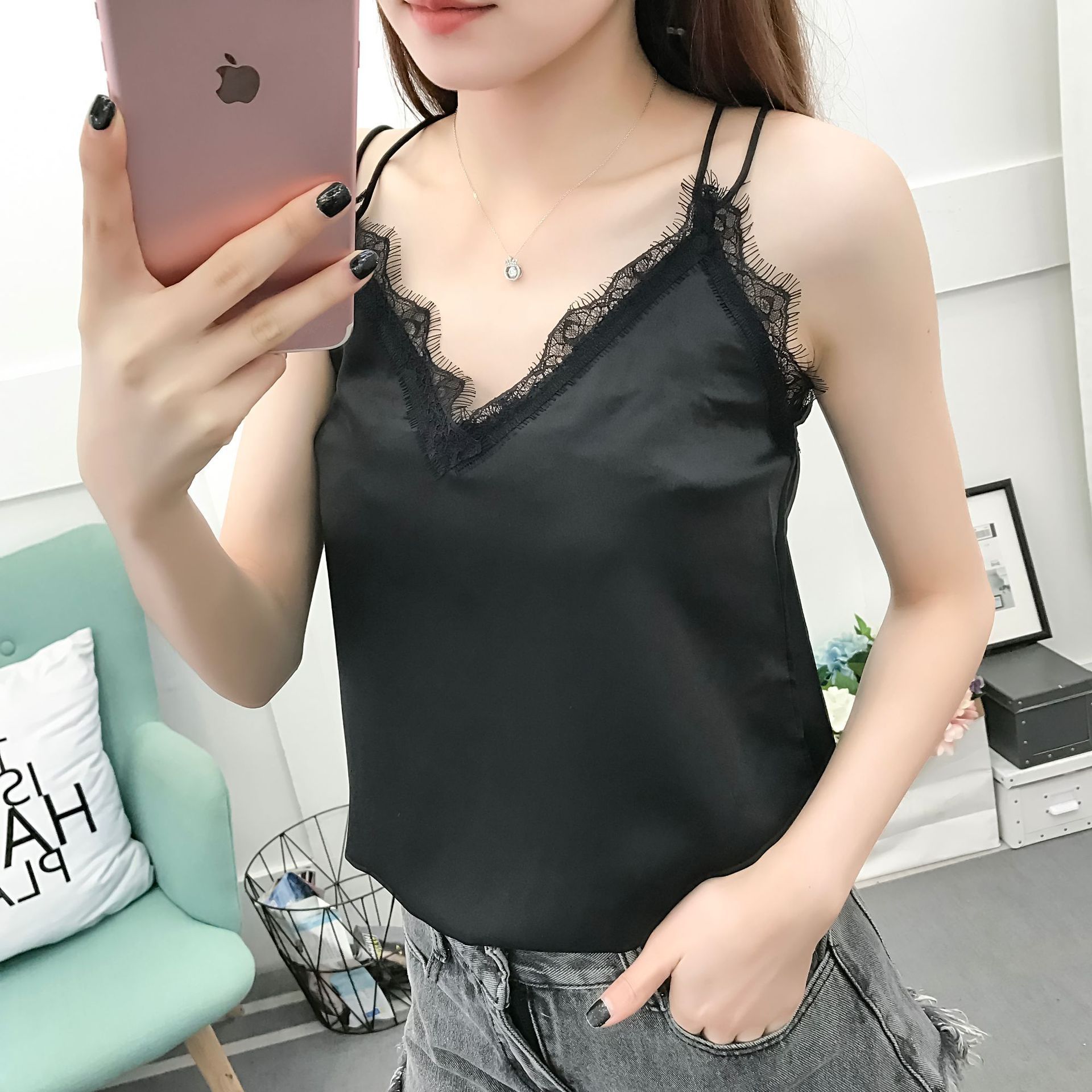 Hong Kong Chic Silk Suspenders Internet Celebrity Vest Women's Cross Bottoming Shirt Loose Top Summer Inner Wear