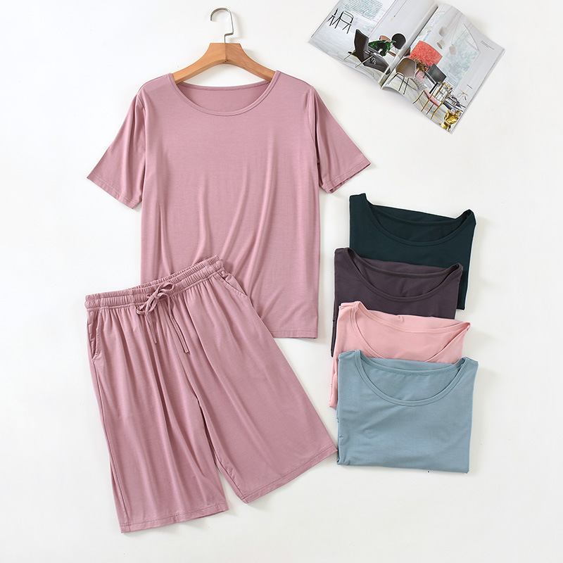 Pajamas for Women Summer Thin Short-Sleeved Shorts Modal Round Neck Suit Pullover Loose Two-Piece Set Large Size Home Clothes