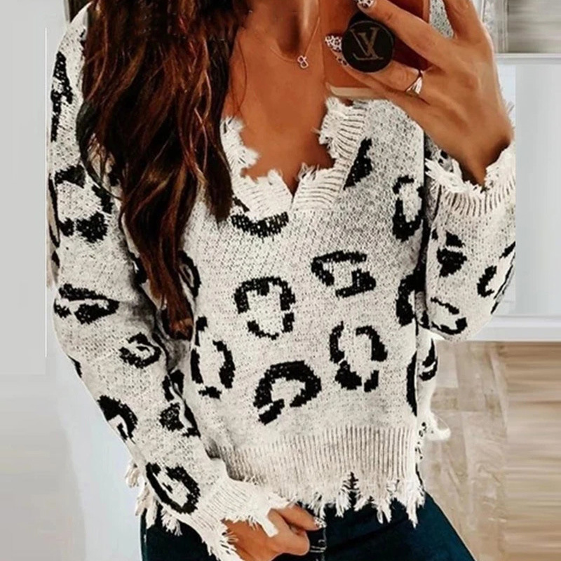 sexy ripped leopard print V-neck knitted pullover sweater NSLK10775