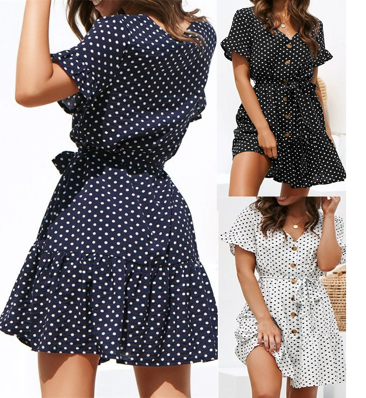 AliExpress Европа и США Взрыв женской моды волна печати свободное платье с коротким рукавом и поясом 980 # в наличии