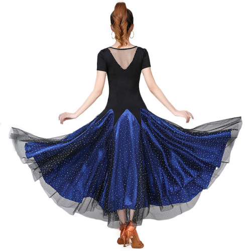 Black purple red blue Ballroom dancing dress for women diamond competition short sleeves ballrom Waltz tango foxtort dance long dresses