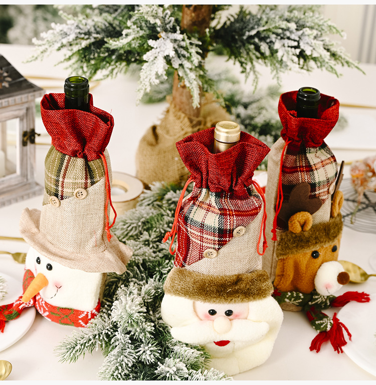 Haobei Christmas Decoration Supplies Linen Button Plaid Bottle Cover Cartoon Old Snowman Wine Bottle Bag Wine Gift Box display picture 9