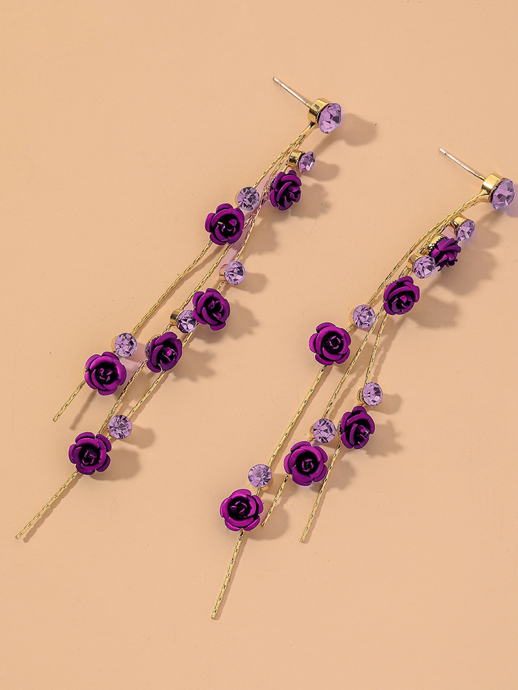 Purple Diamond Rose Long Earrings display picture 3