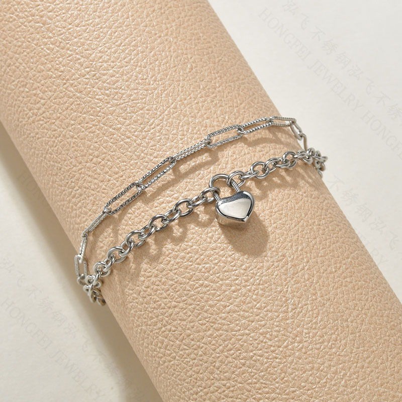 Korean fashion retro titanium steel heartshaped lock doublelayer bracelet wholesale nihaojewelrypicture8