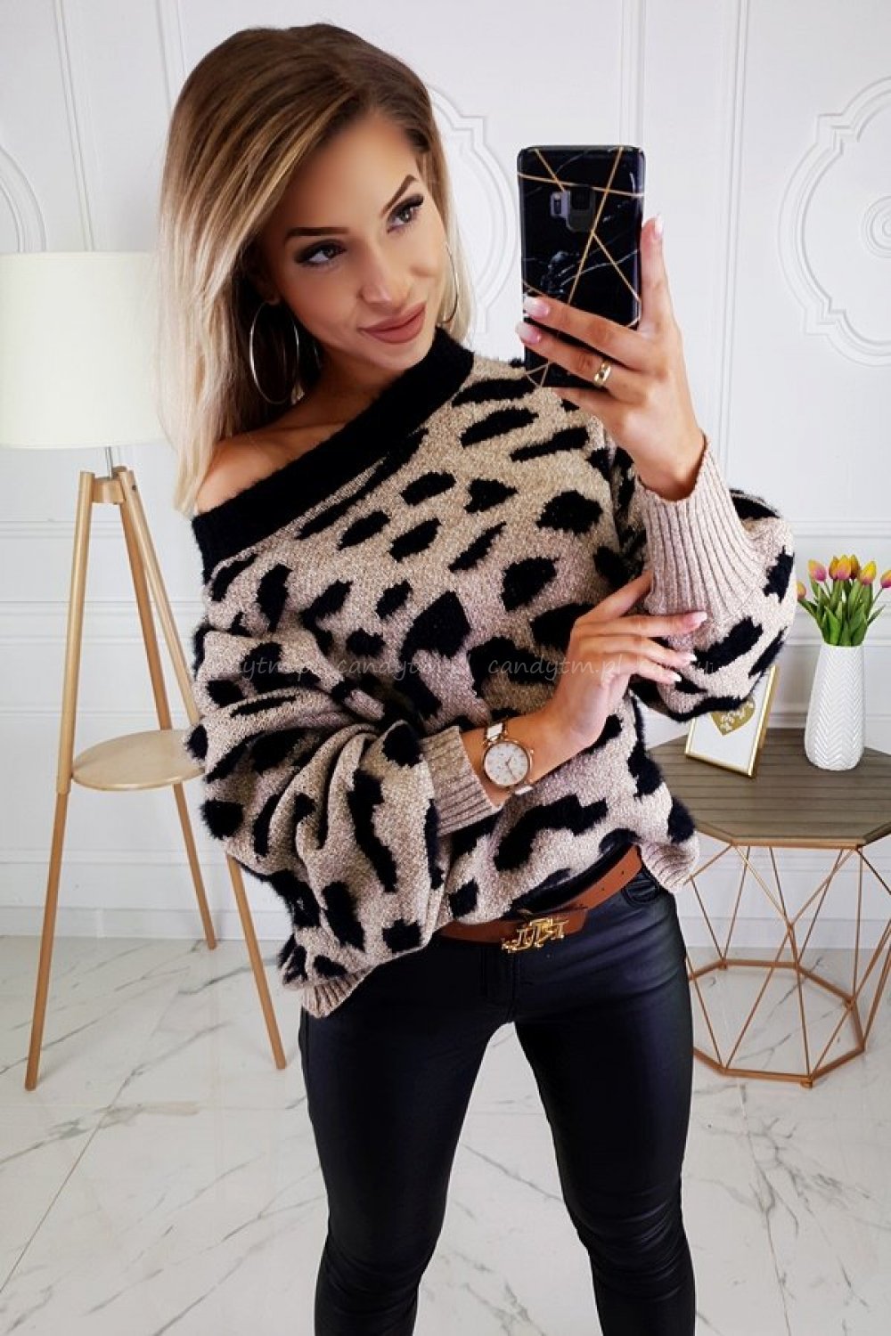 leopard print jacquard round neck sweater  NSLK10750