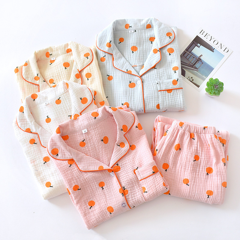 Crepe Small Orange Print Women's Home Clothes Knitted Cotton Casual Pajamas Women's Long Outer-Wearing Pajamas Set Crepe Small Orange Print Women's Home Clothes Knitted Cotton Casual Pajamas Women's Long Outer-Wearing Pajamas Set