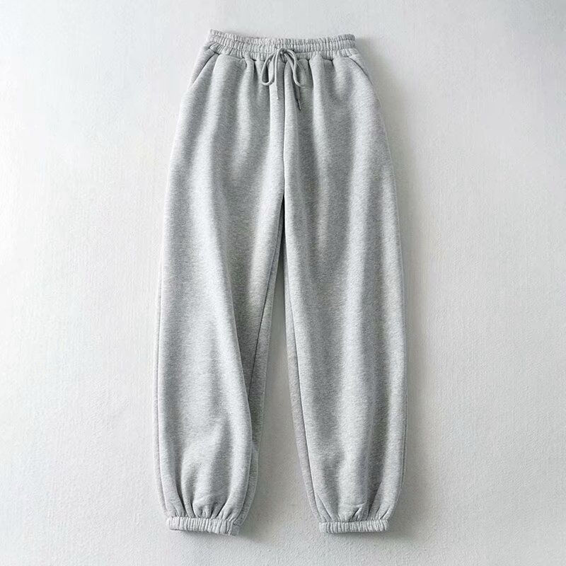 Gray sports pants women's autumn and winter loose ankle-tied high waist slimming fleece-lined thick ins trendy harem casual sweatpants