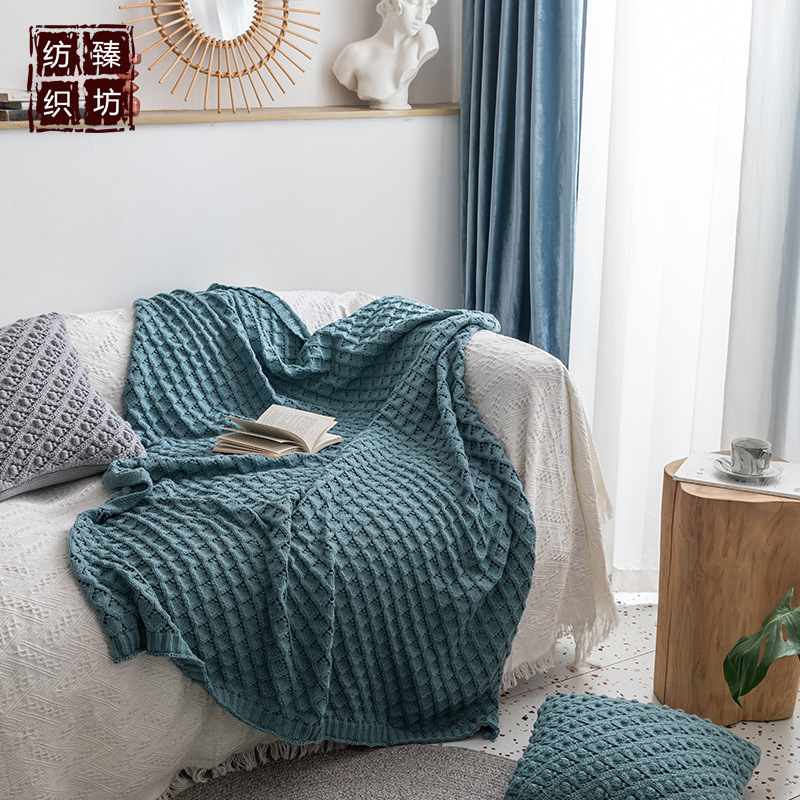 ins北欧风镂空菱形简约针织毛线盖毯 家居软装配饰 拍照道具