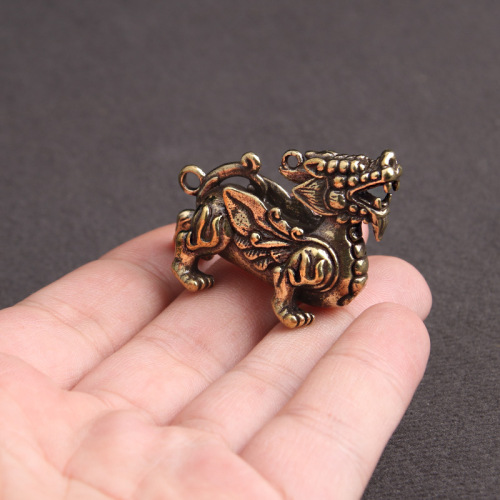 Solid Brass Vintage Feitian Pixiu Pair of Keychain Pendants for Lucky Home Desktop Ornaments and Gifts