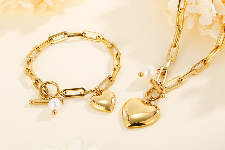 fashion stainless steel peach heart OT buckle necklace bracelet set wholesale Nihaojewelry