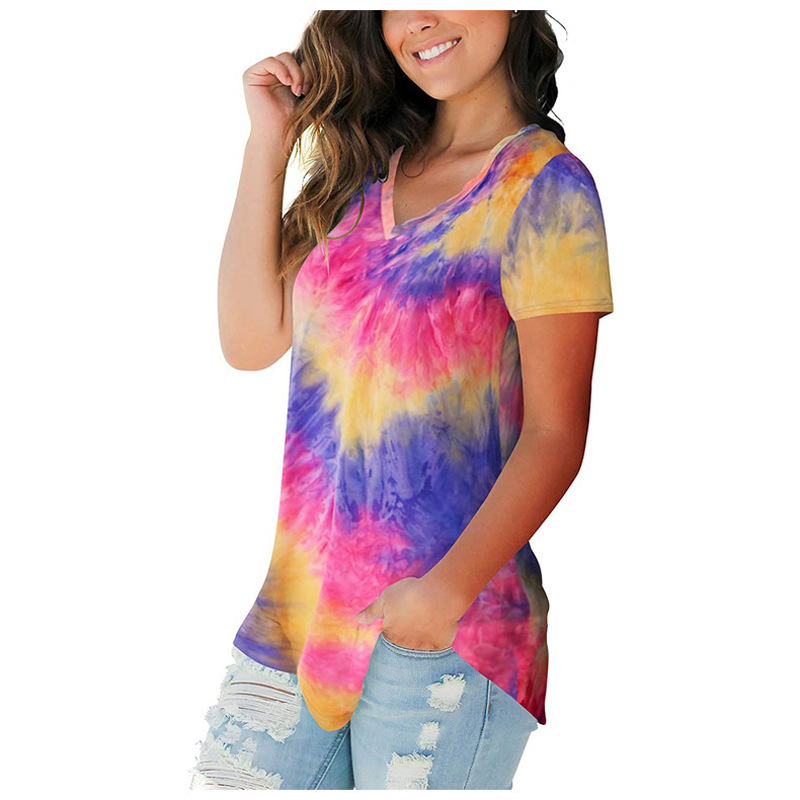 V-Neck Loose Tie-Dye Short-Sleeved T-Shirt NSLGY111053