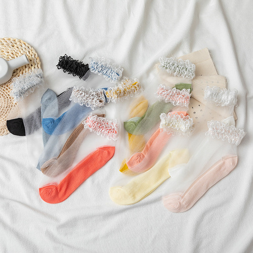 Lace Stocking Girl Spring Summer Floral Japanese Fashion Blogger Style Lolita Short Socks Girl Ultra Thin Fairy Socks Glass Crystal Silk