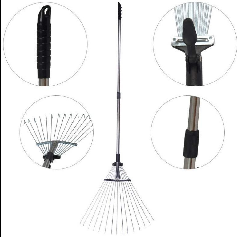 Stainless steel tube telescopic grass rake fifteen-tooth nine-tooth rake mini spike rake autumn leaves and waste grass cleaning tool