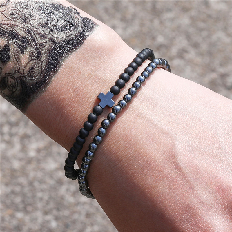 New Fashion Simple 4mm Black Matte Copper Beads Wear Cross Elastic Suit Bracelet display picture 9